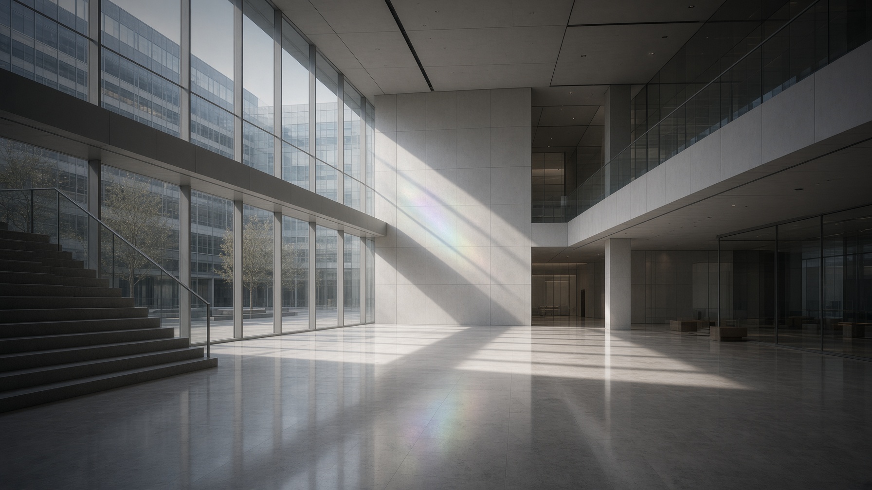 Daylight raking across a treated glass atrium and limestone floor