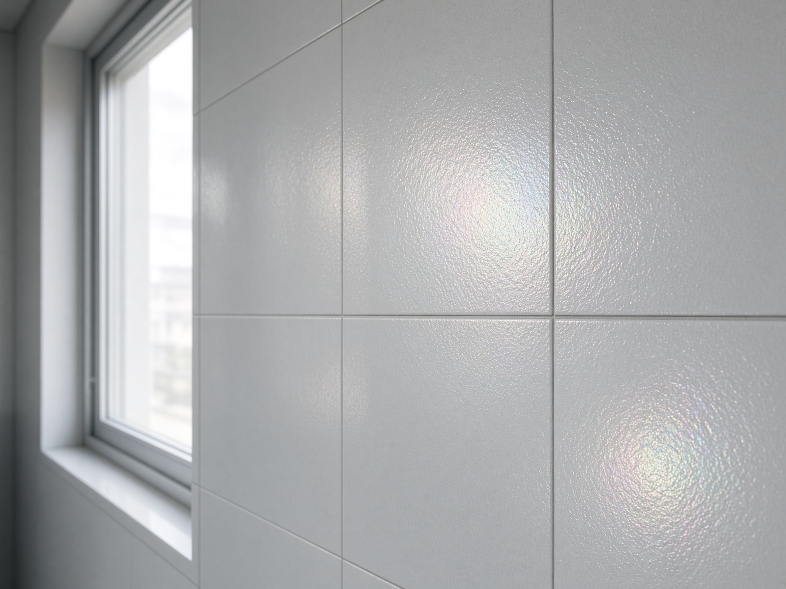 Daylight raking across treated glass and ceramic tiles in a quiet hospital corridor