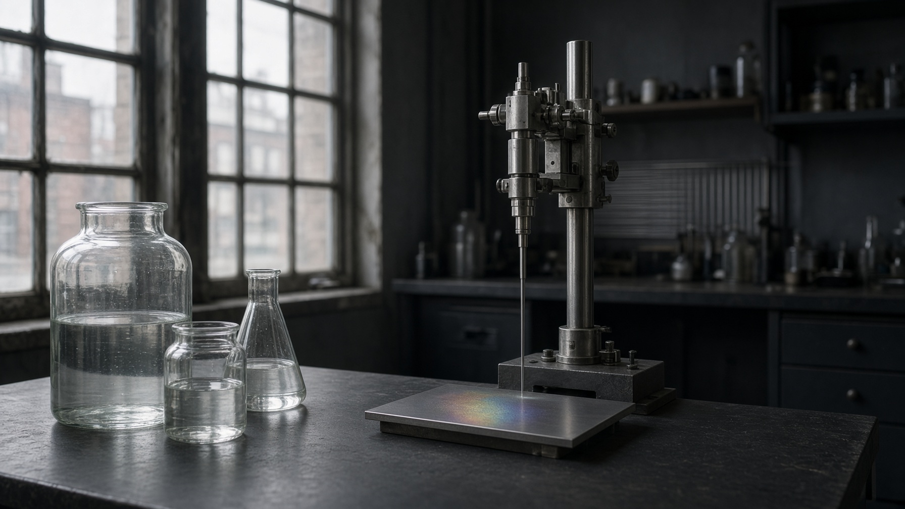 British materials laboratory with water-based coating samples in north light